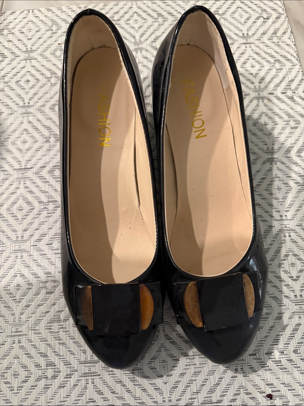 Women's Black Patent Ballet Flats with Decorative Front Accent